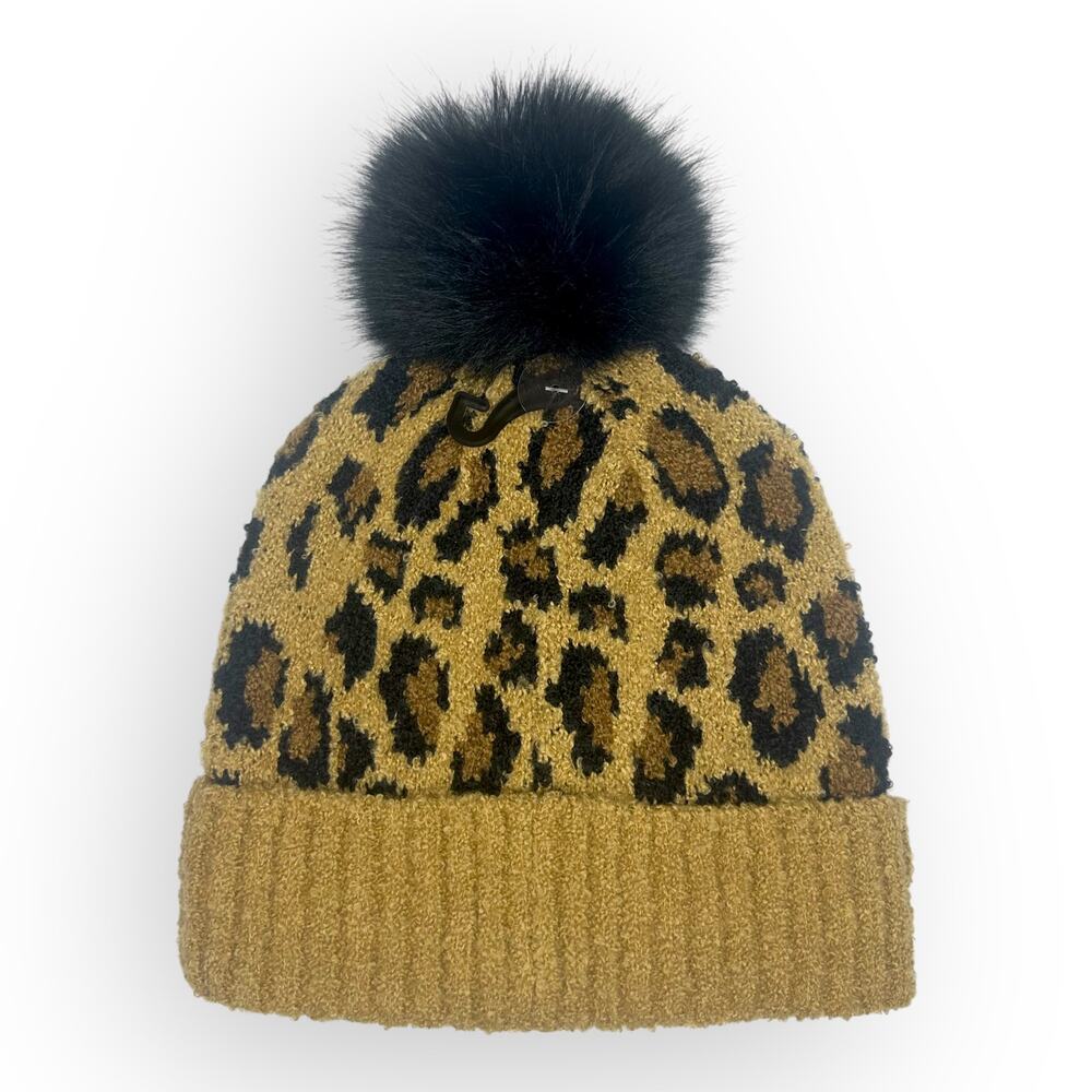C.C Leopard Faux Fur Pom Beanie Adult Size Tan Latte Black Printed Winter Hat - Picture 2 of 6